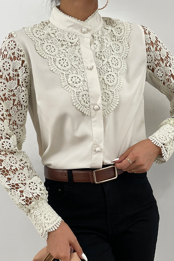 Celestia | Elegant Lace Top with Hollow Design and Mandarin Collar