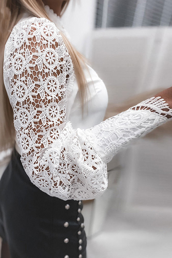 Celestia | Elegant Lace Top with Hollow Design and Mandarin Collar