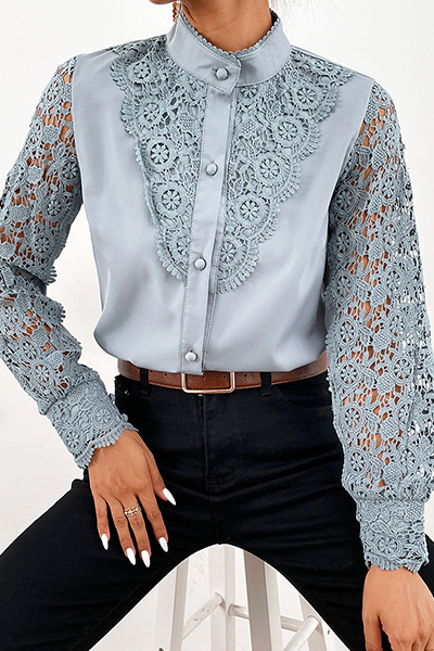 Celestia | Elegant Lace Top with Hollow Design and Mandarin Collar