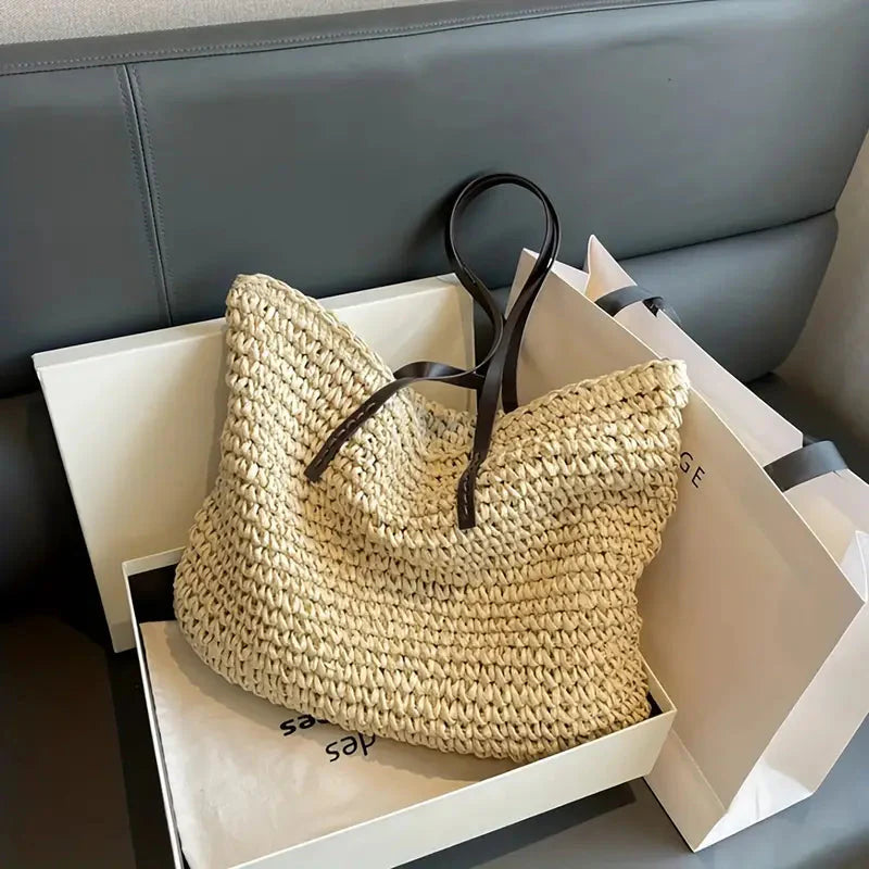 Celeste | Woven Tote Bag with Leather Straps, Stylish and Sustainable Design