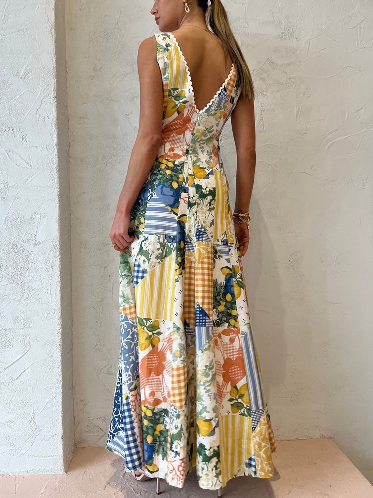 Women’s Maxi Dress | Deep V Neck Patchwork Print