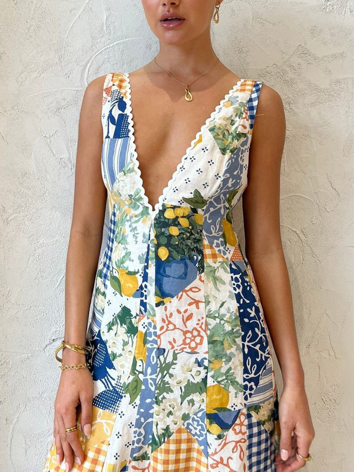 Women’s Maxi Dress | Deep V Neck Patchwork Print