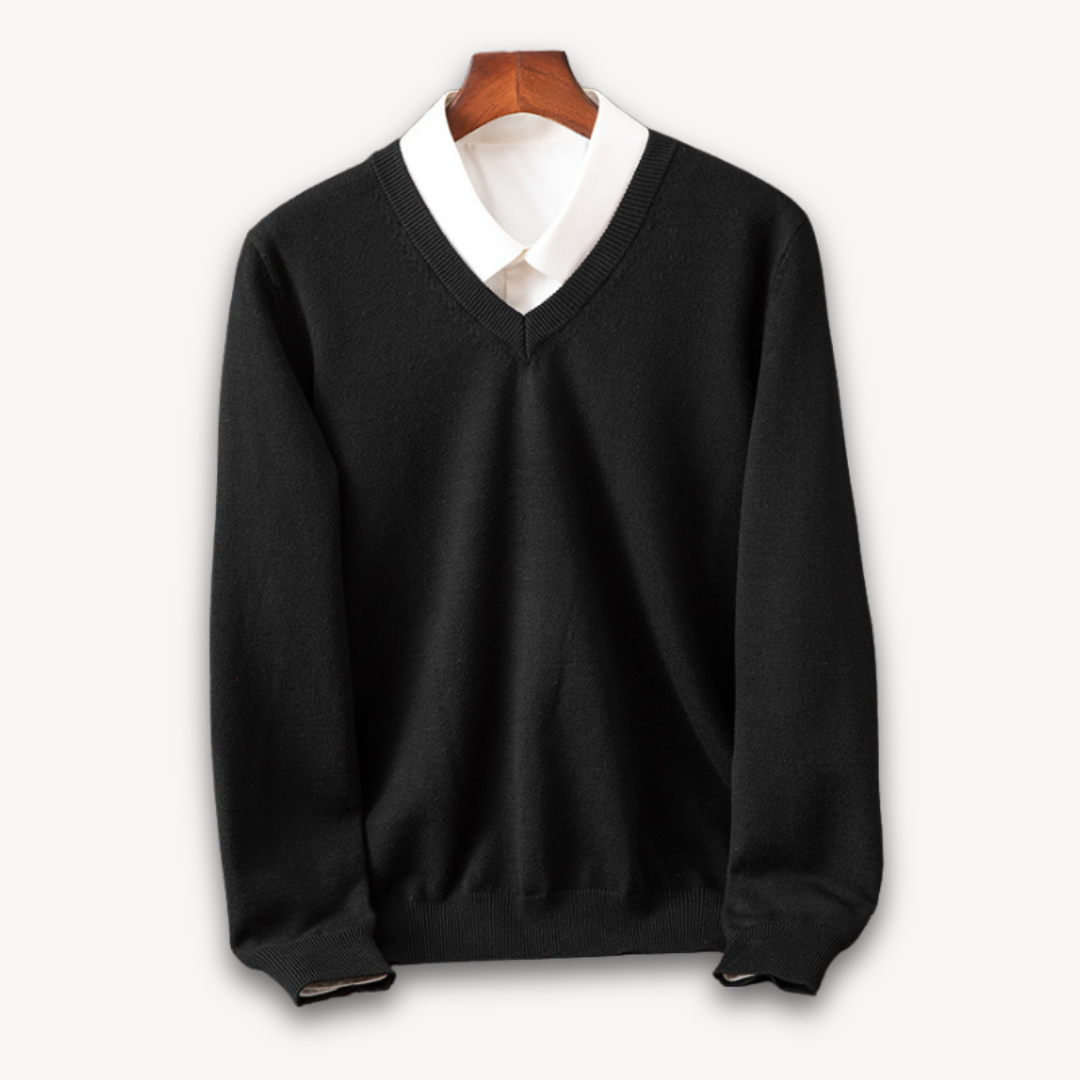 V Neck Pullover Jumper - Slim Fit Layered Collar Look