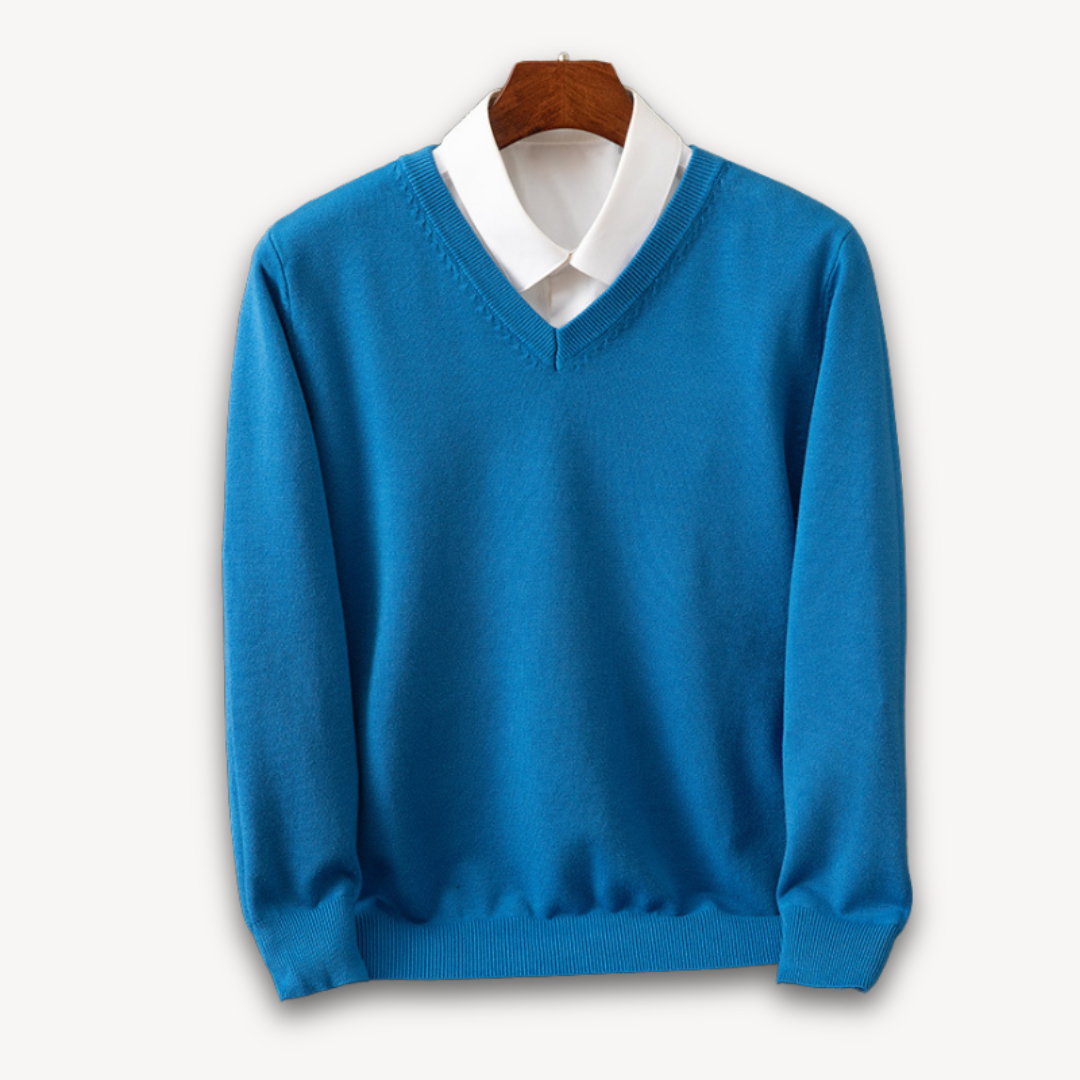 V Neck Pullover Jumper - Slim Fit Layered Collar Look