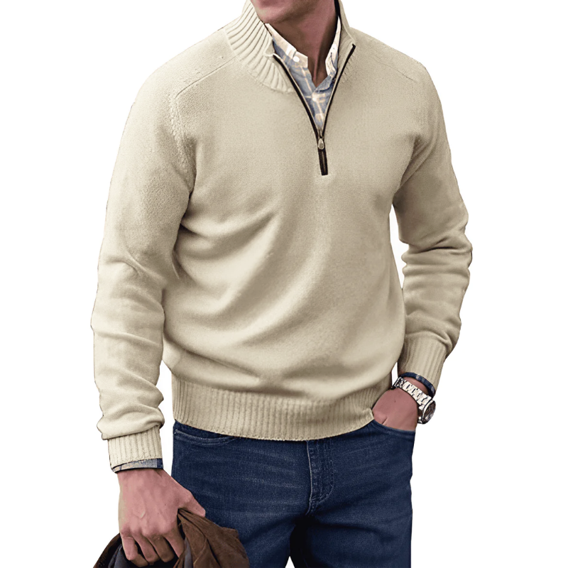 Half Zip Sweater - Ribbed Collar and Long Sleeve Design