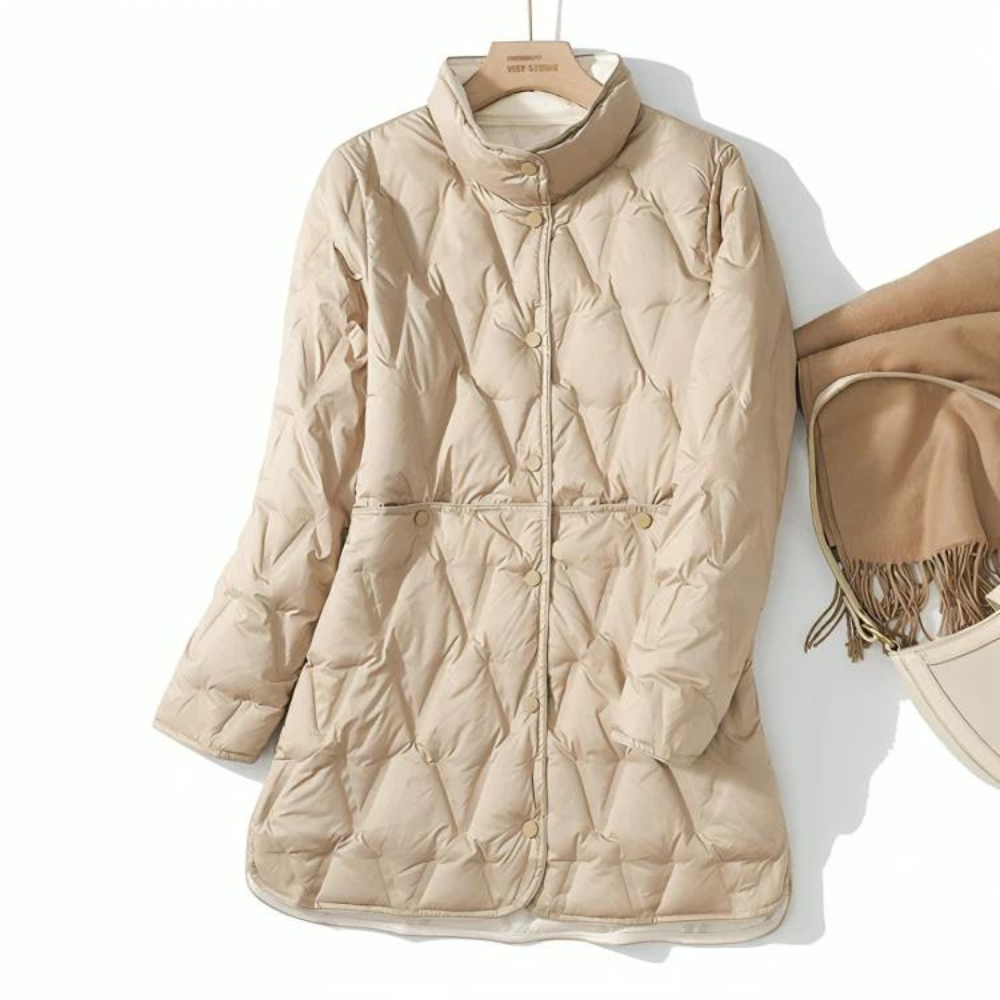 Mid Length Quilted Jacket - Hooded Fit with Button Front