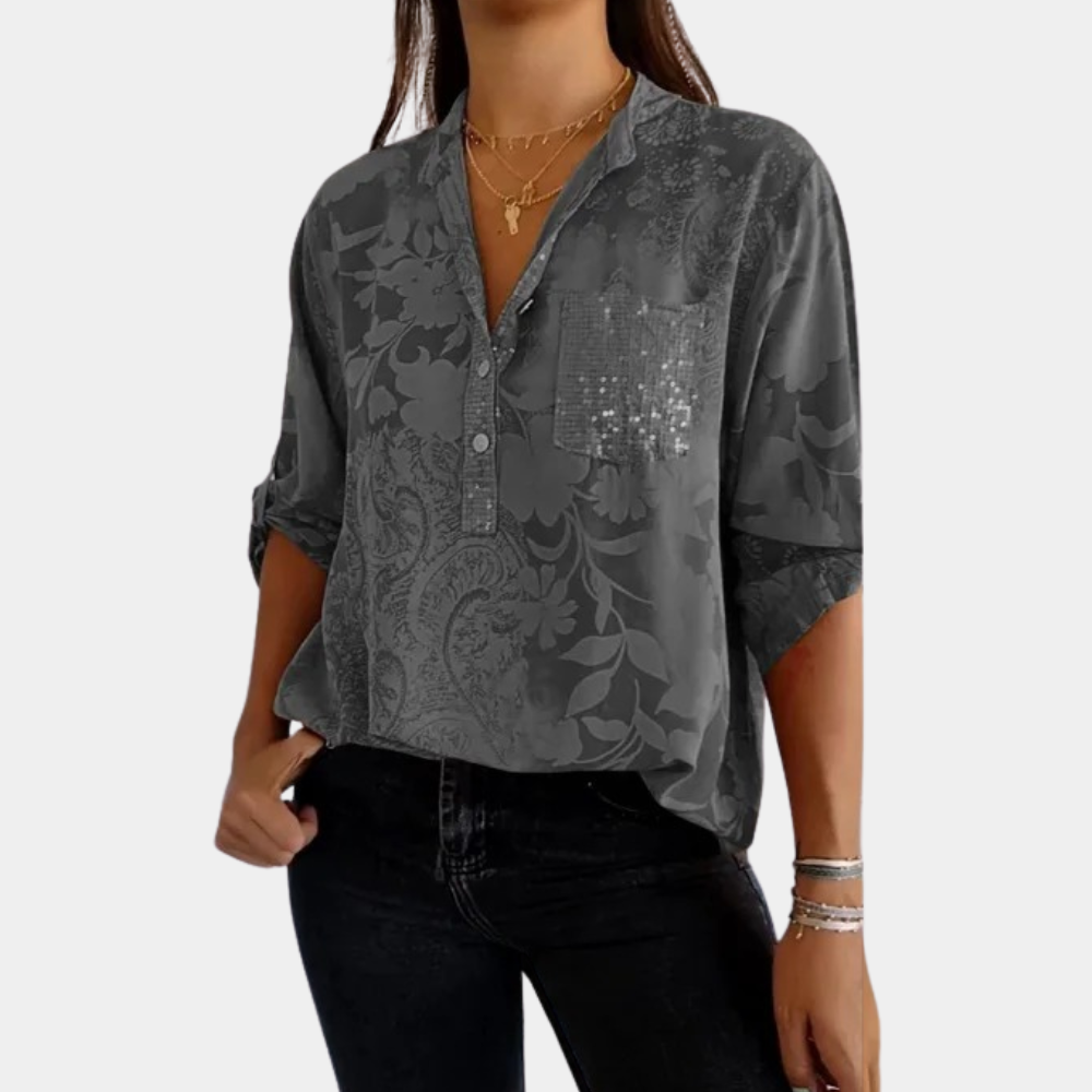 Long Sleeve Blouse - V Neck with Chest Pocket Detail