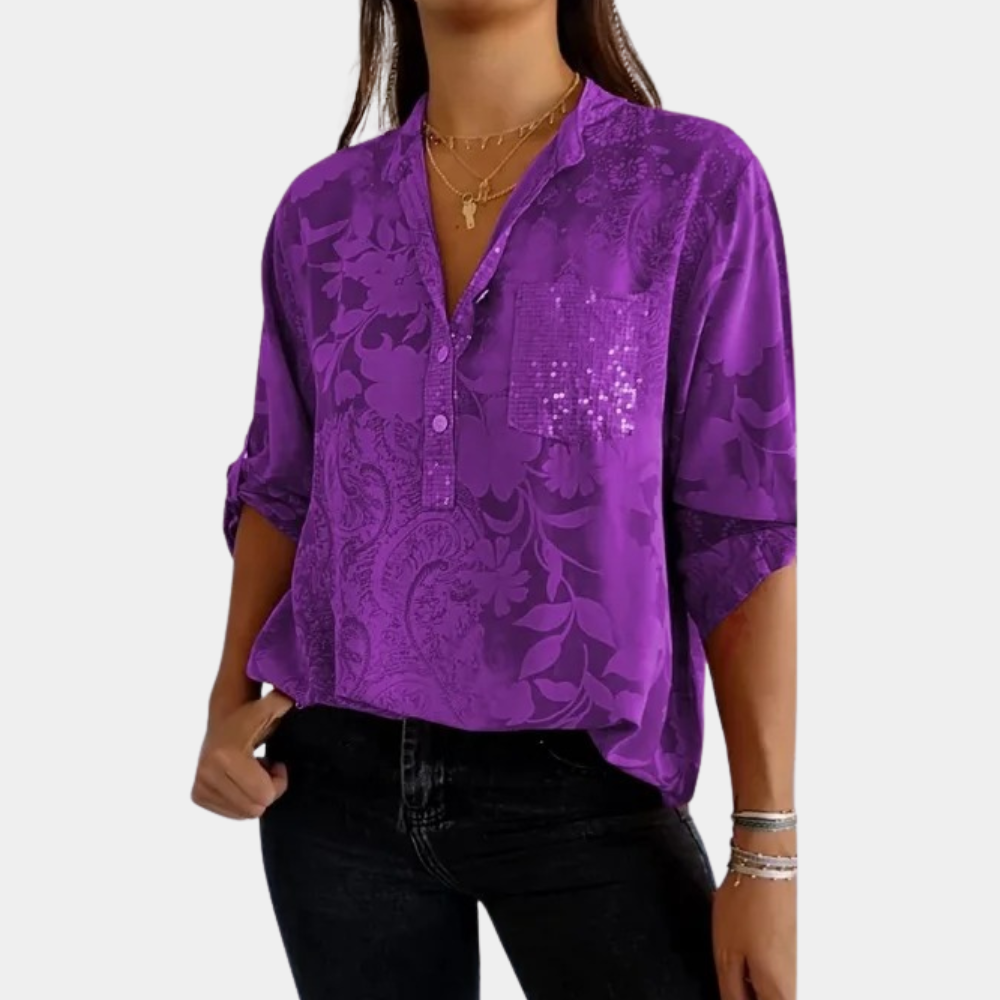 Long Sleeve Blouse - V Neck with Chest Pocket Detail
