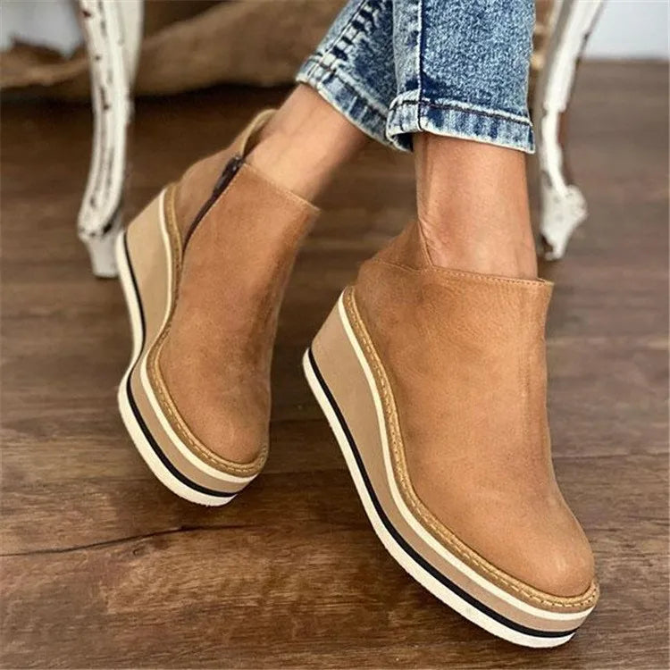 Platform Wedge Ankle Boots - Side Zip Platform Design