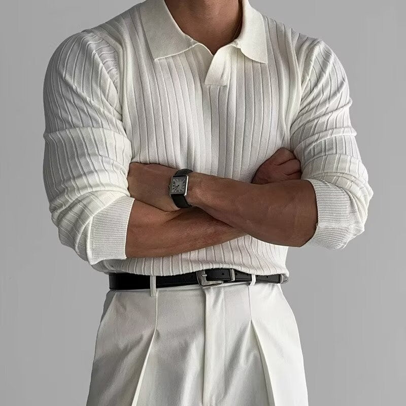 Long Sleeve Polo Shirt | Ribbed Knit Design