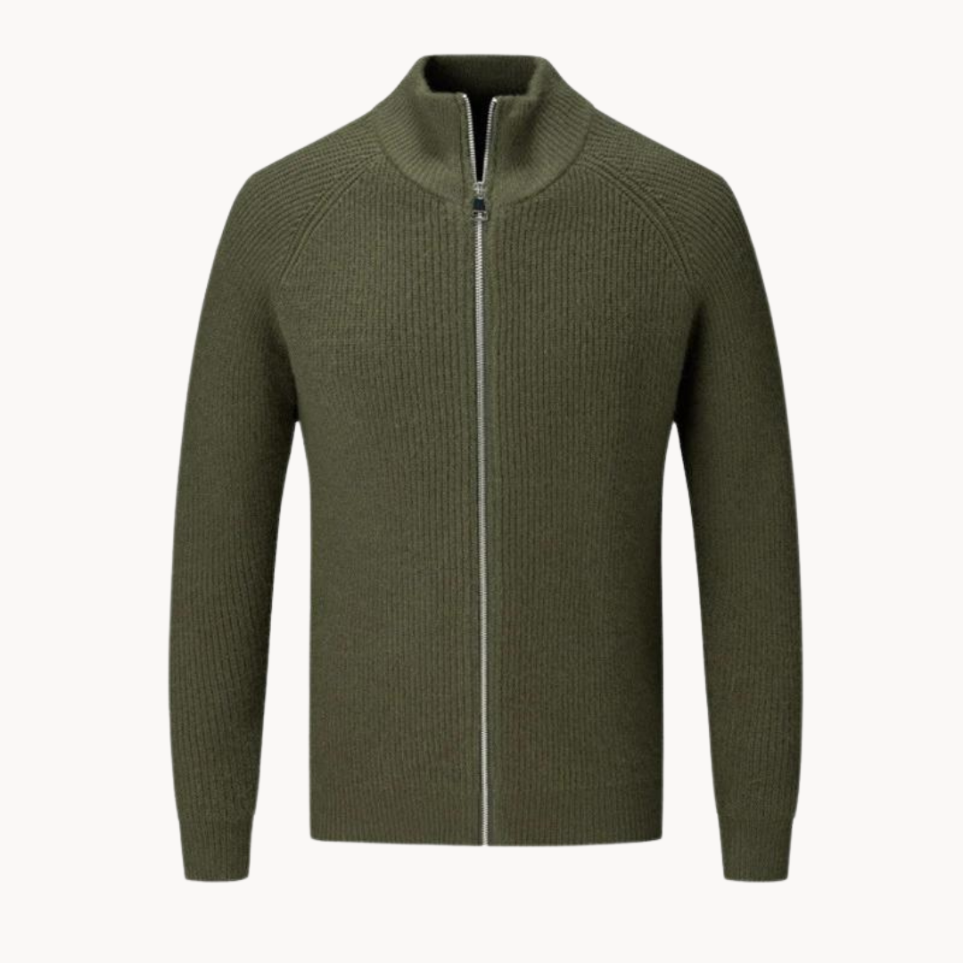 Full Zip Knit Jacket - Ribbed Texture High Collar