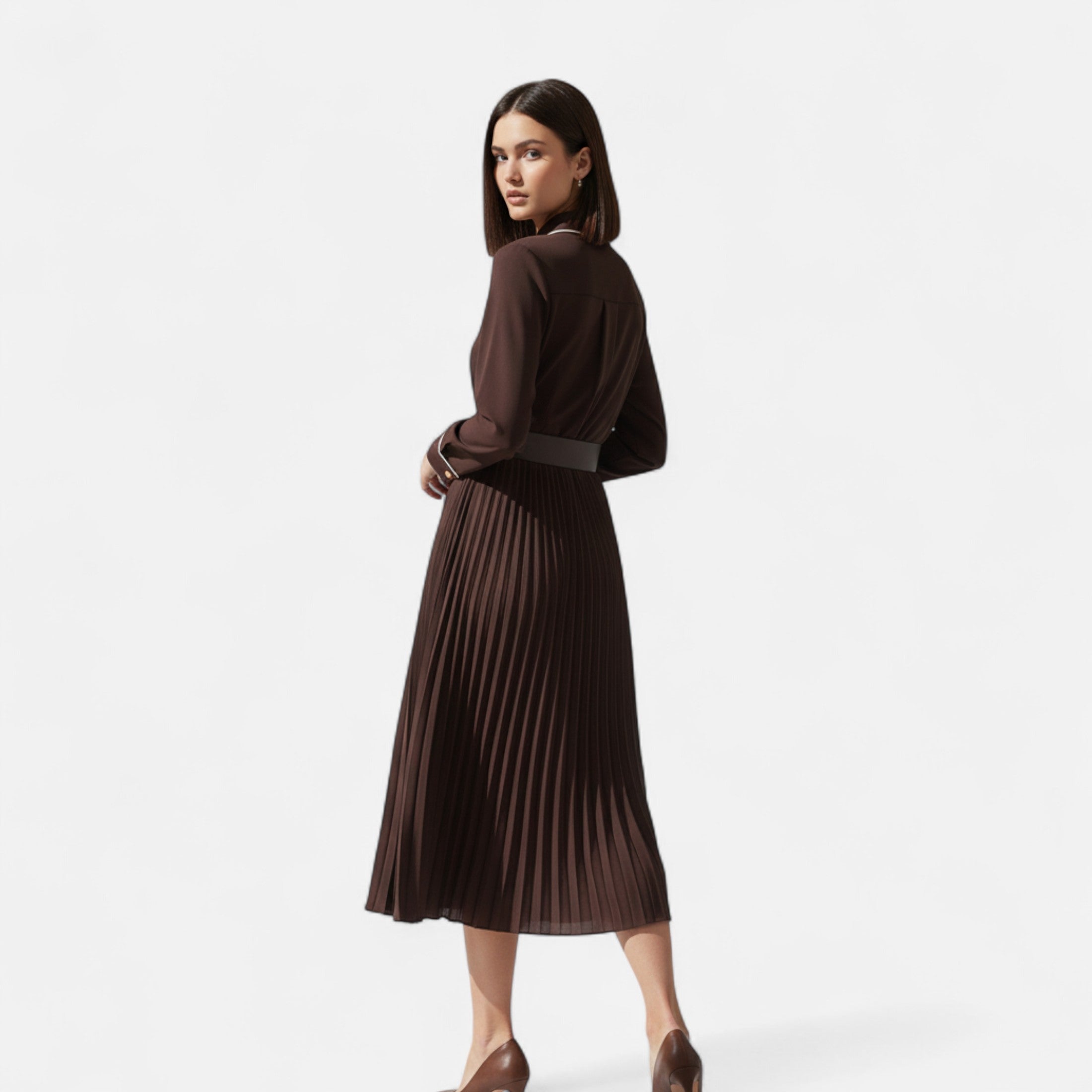 Women’s Chiffon Dress | Pleated Midi Shirt Dress With Belt