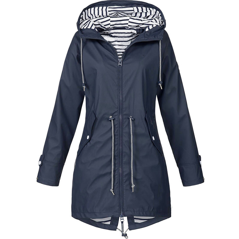 Hooded Rain Jacket - Drawstring Waist with Zip Front
