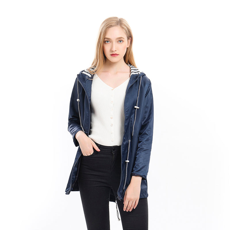 Hooded Rain Jacket - Drawstring Waist with Zip Front