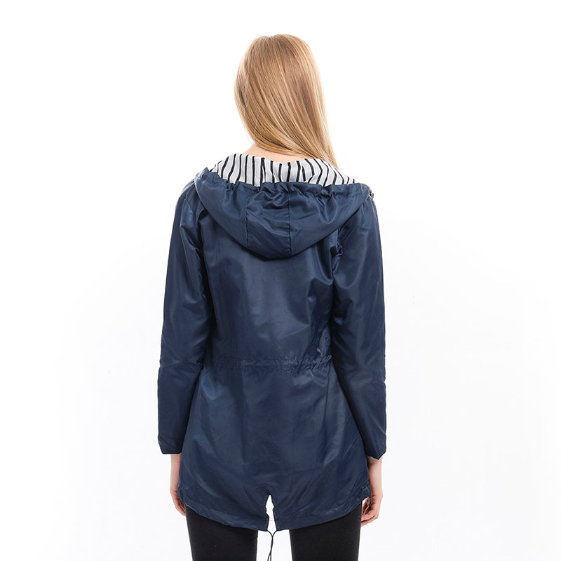 Hooded Rain Jacket - Drawstring Waist with Zip Front