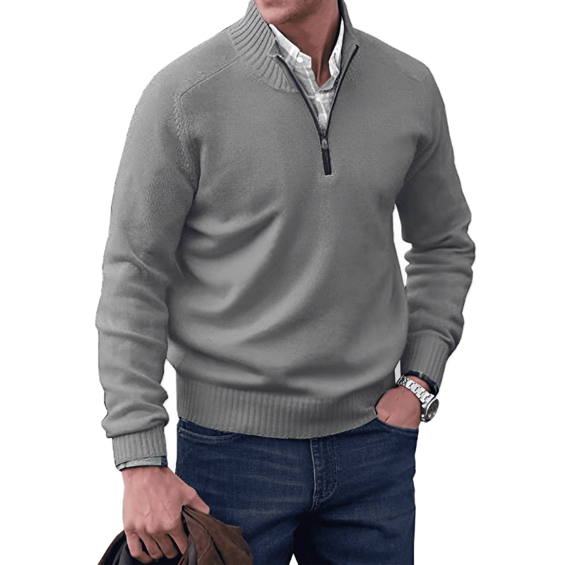 Quarter Zip Sweater - Ribbed Collar and Long Sleeve Design