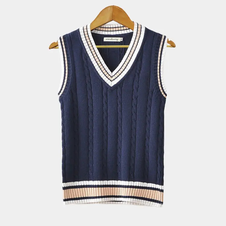 Knitted Sweater Vest - V Neck with Ribbed Trim