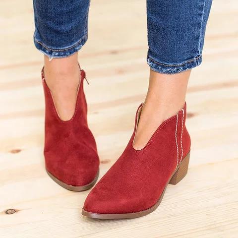 Ankle Boots - Low Block Heel with V Cut Design