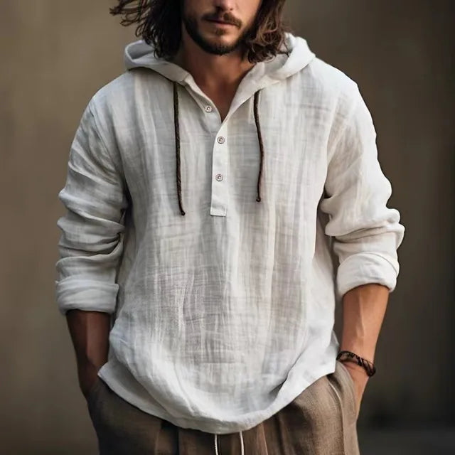 Long Sleeve Hoodie Shirt - Pullover with Button Neckline