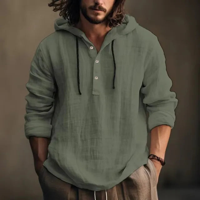 Long Sleeve Hoodie Shirt - Pullover with Button Neckline