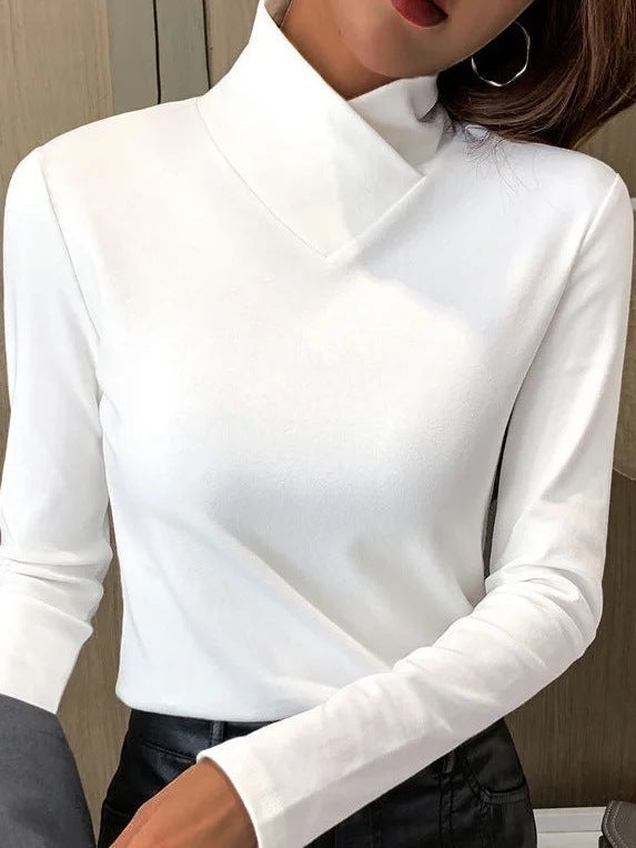 Long Sleeve Turtleneck Top - Slim Fit with Fold Collar