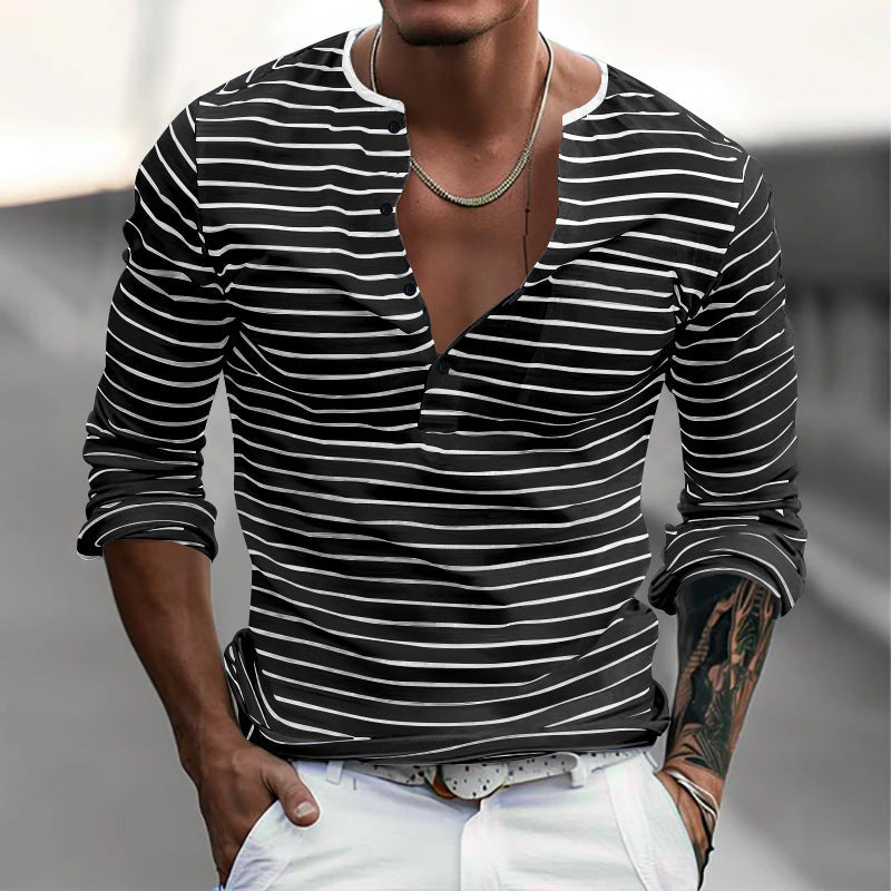 Long Sleeve Henley Shirt | Striped Button Neck