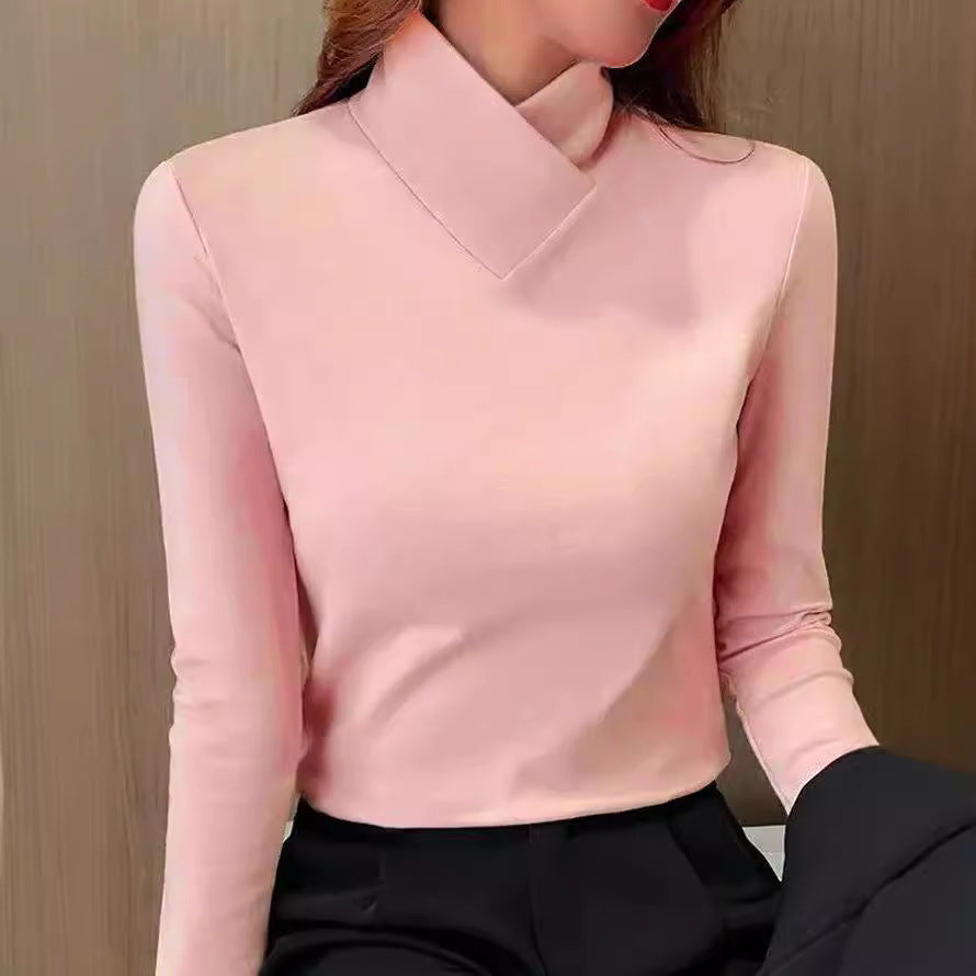Long Sleeve Turtleneck Top - Slim Fit with Fold Collar