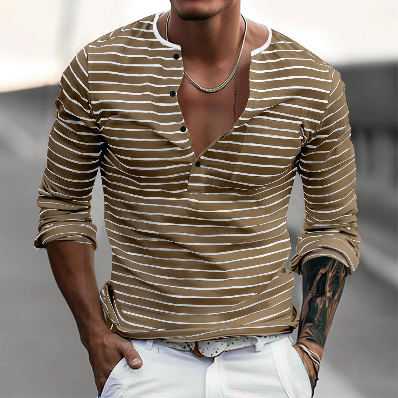 Long Sleeve Henley Shirt | Striped Button Neck