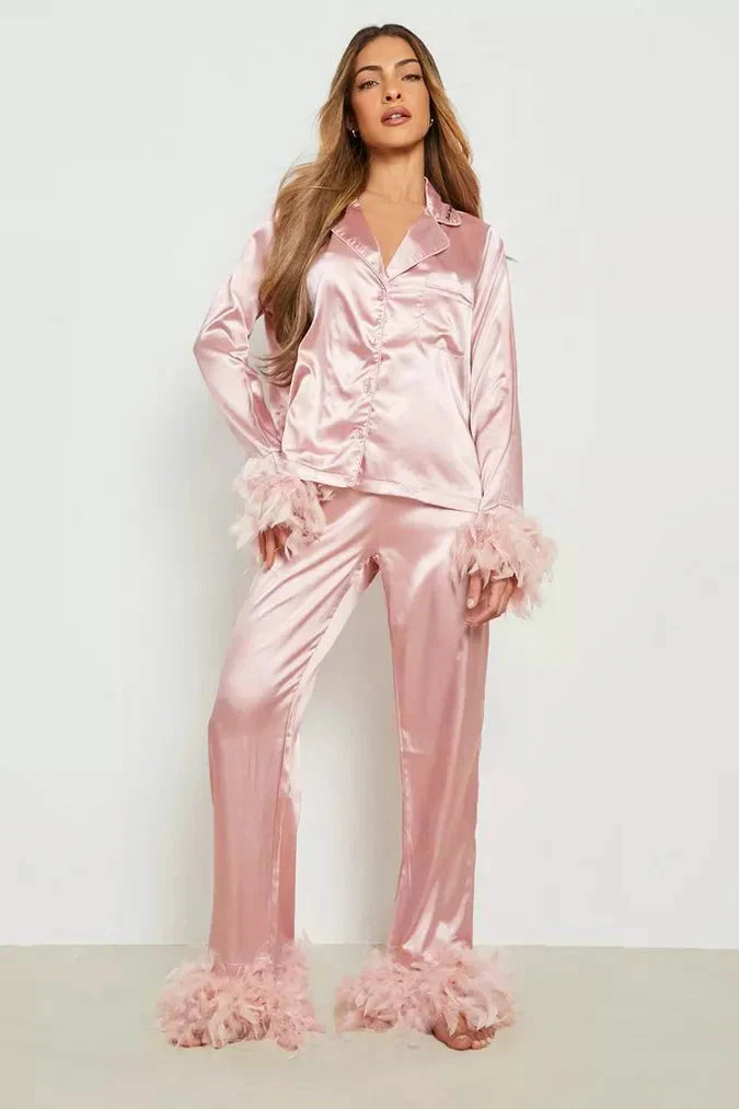 Pajama Set - Feather Trim Top and Relaxed Fit Bottoms