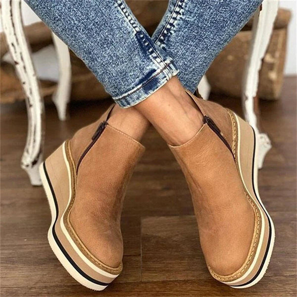 Platform Wedge Ankle Boots - Side Zip Platform Design