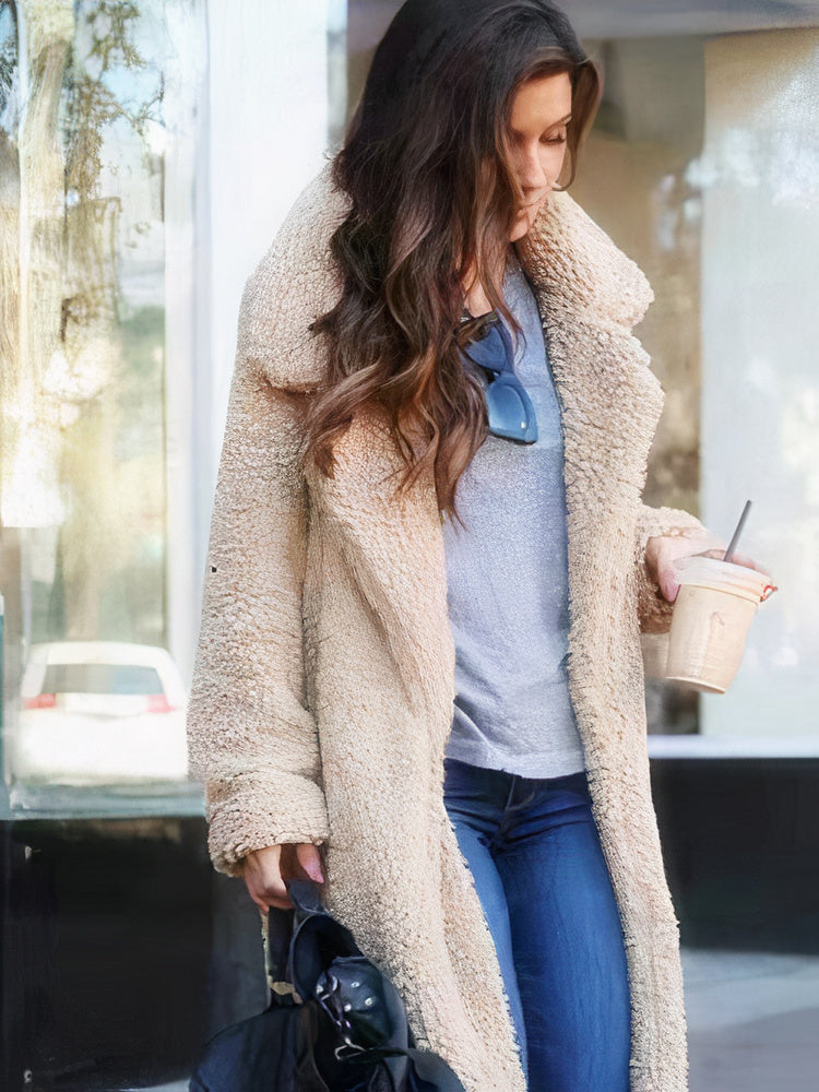 Long Teddy Coat - Open Front with Relaxed Fit