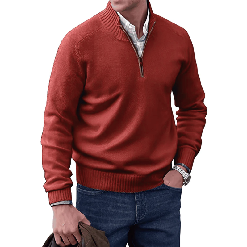 Quarter Zip Sweater - Ribbed Collar and Long Sleeve Design
