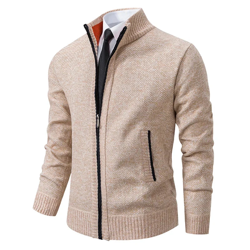 Full Zip Knitted Jacket - Ribbed Trim and Stand Collar