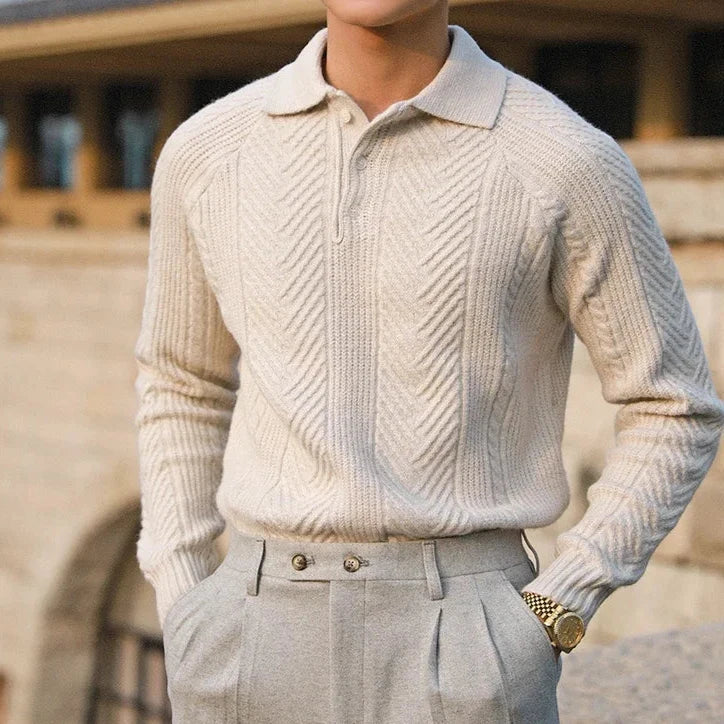 Long Sleeve Knit Polo Shirt - Classic Fit with Button Neck