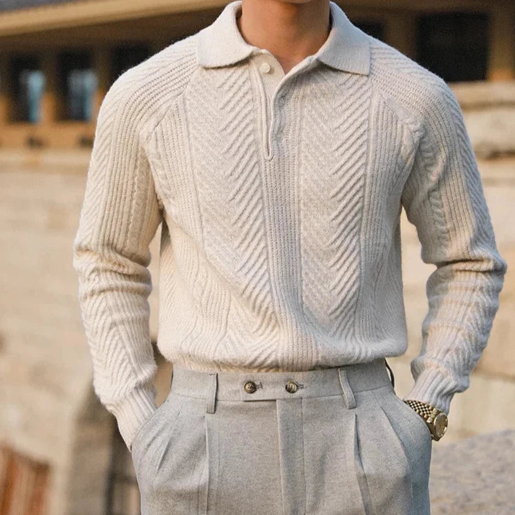 Long Sleeve Knit Polo Shirt - Classic Fit with Button Neck