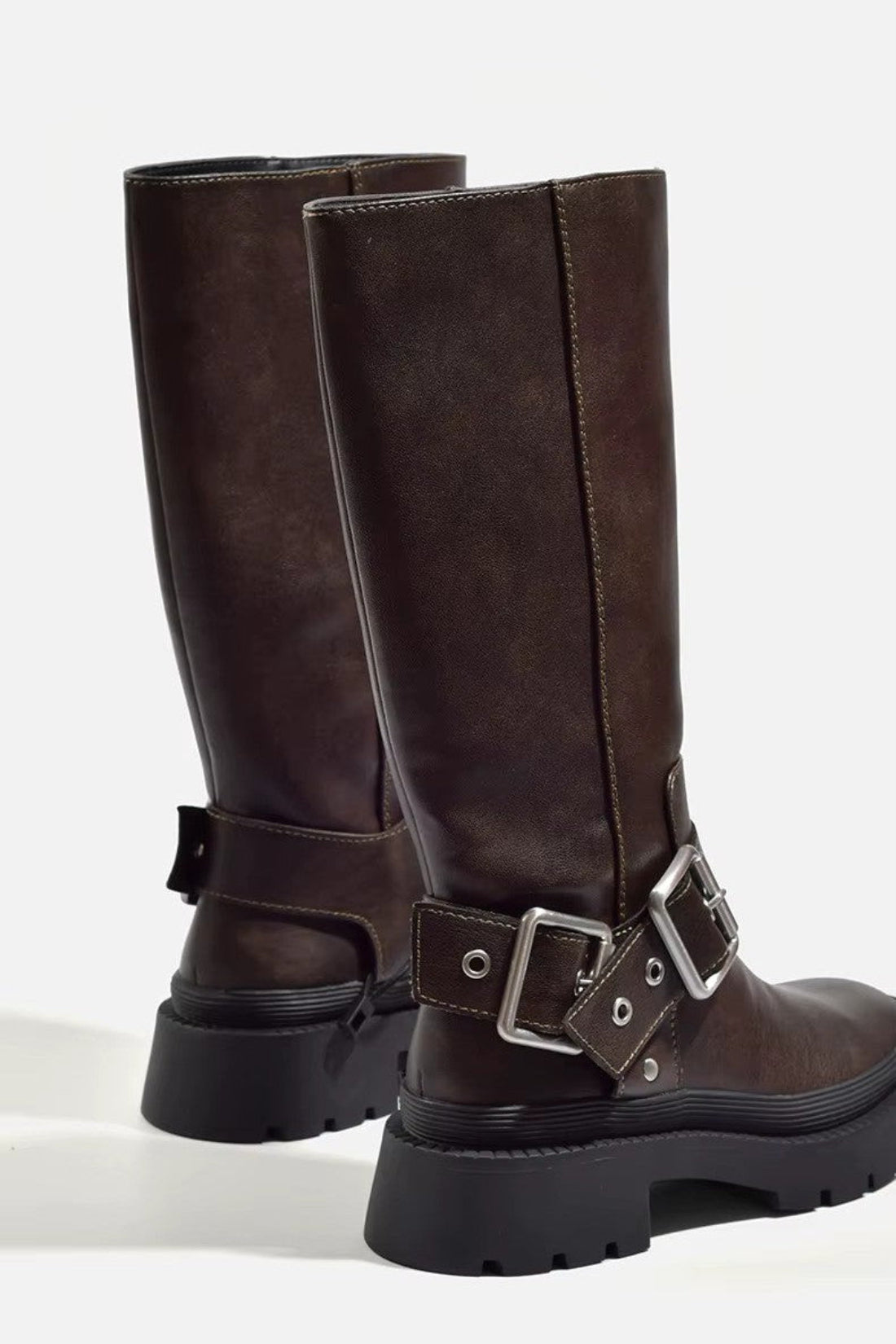 Knee High Boots - Flat Sole with Bold Buckle Straps