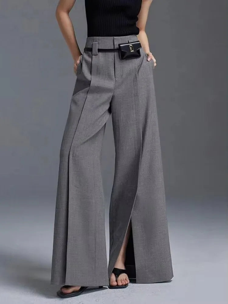 Wide Leg Pants - Front Slit High Waist