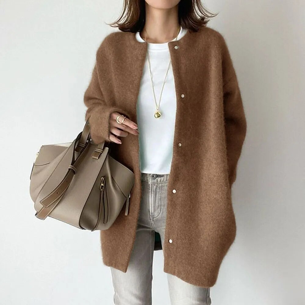Longline Button Cardigan - Relaxed Fit with Round Neck