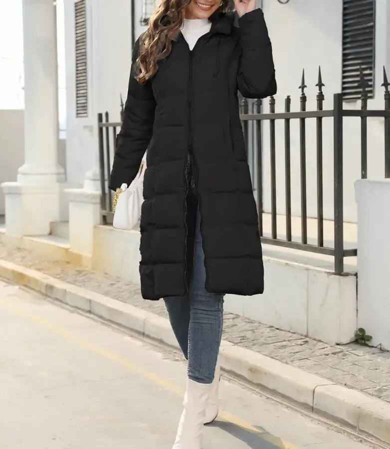 Longline Puffer Coat - Hooded Zip Up with Panel Stitching
