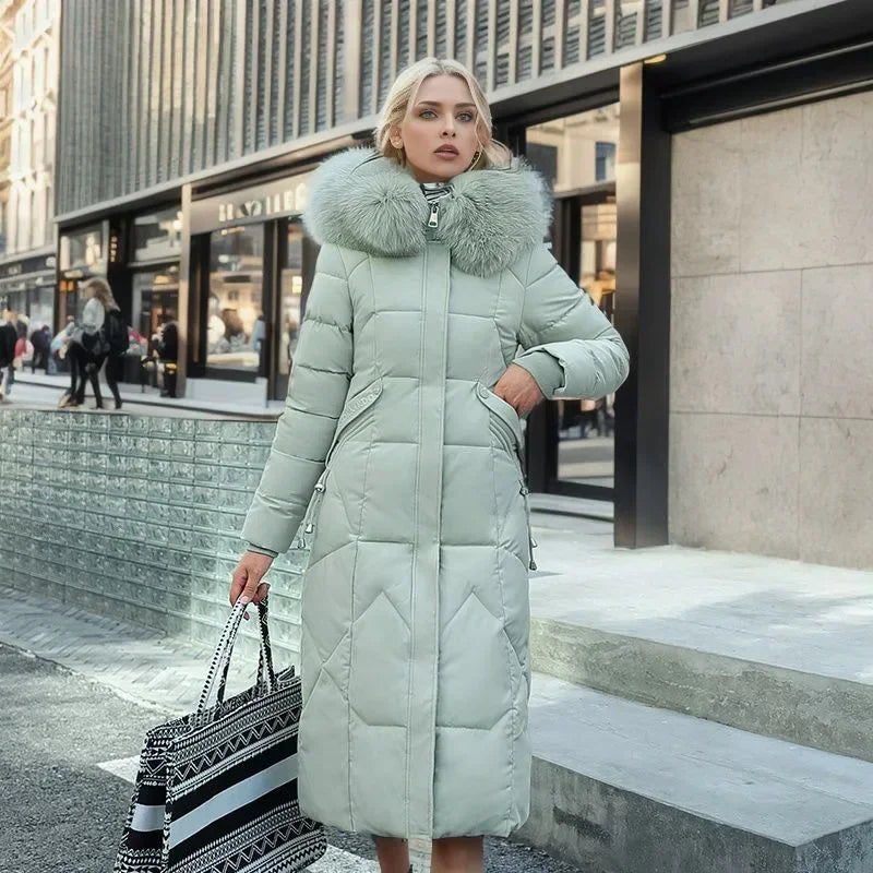 Long Puffer Coat - Quilted Design with Hood Trim