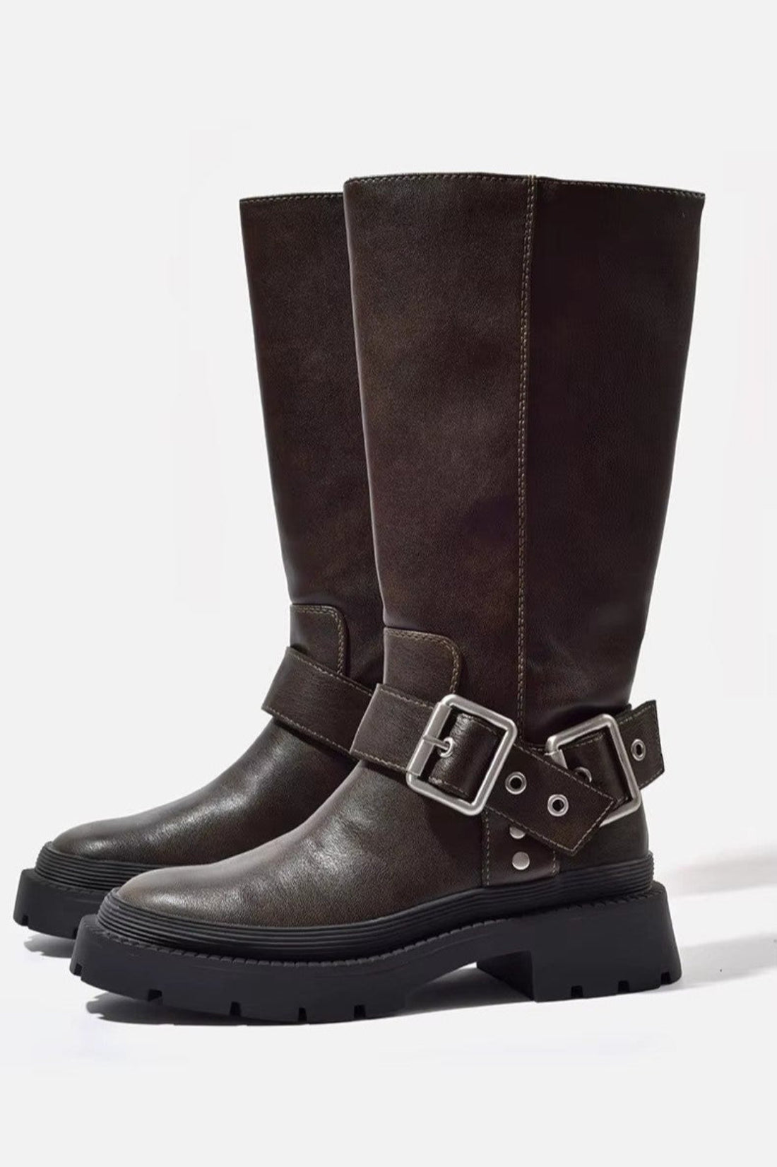 Knee High Boots - Flat Sole with Bold Buckle Straps