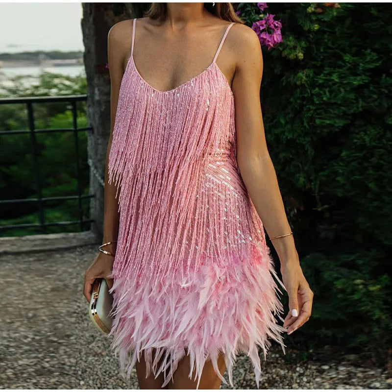 Women’s Sequin Feather Mini Dress | Fringe V Neck Party Cocktail Dress