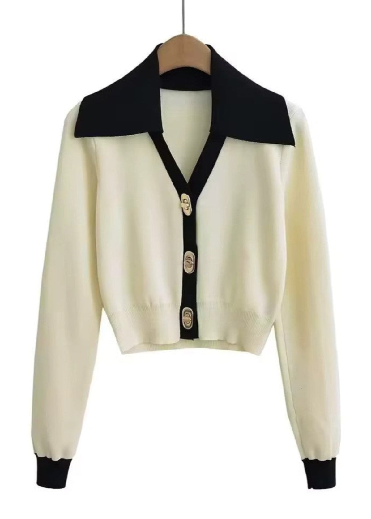Cropped Knit Cardigan - Contrast Collar and Buttons