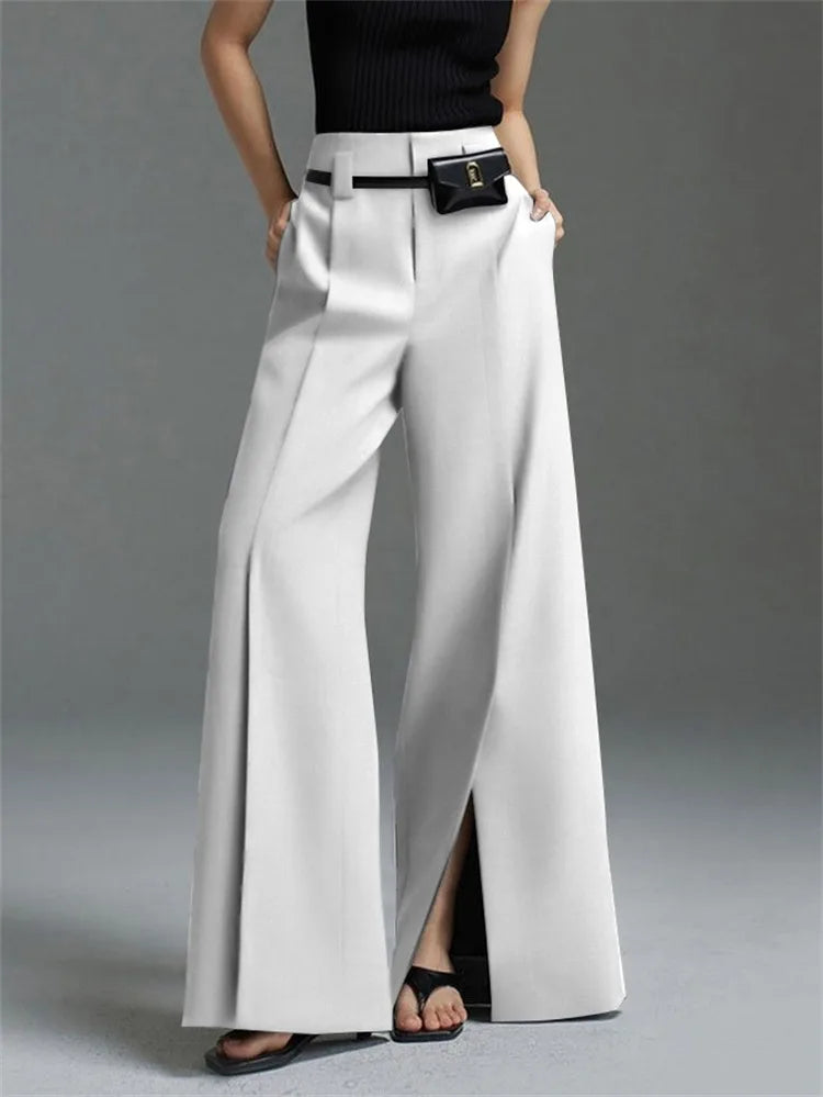 Wide Leg Pants - Front Slit High Waist
