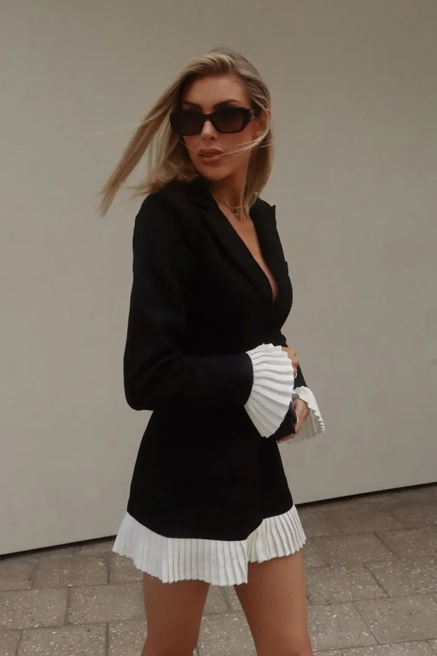 Long Sleeve Mini Dress | V Neck with Pleated Trim