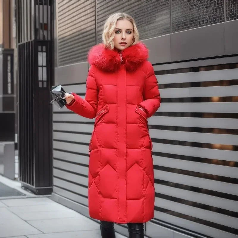 Long Puffer Coat - Quilted Design with Hood Trim