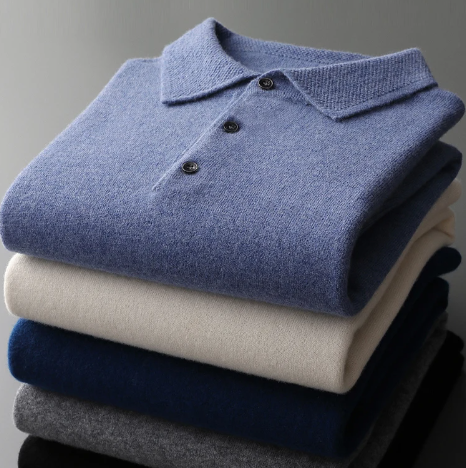 Long Sleeve Polo Jumper - Ribbed Collar Button Neck
