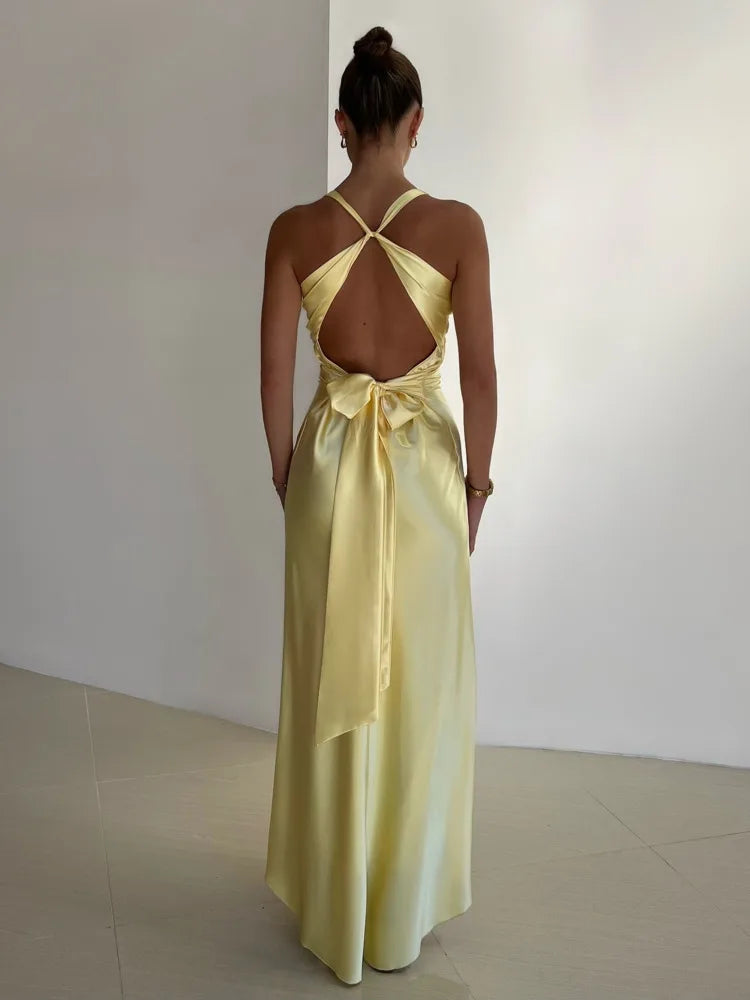 Women’s Backless Maxi Dress | Cross Back Tie Waist Evening Dress