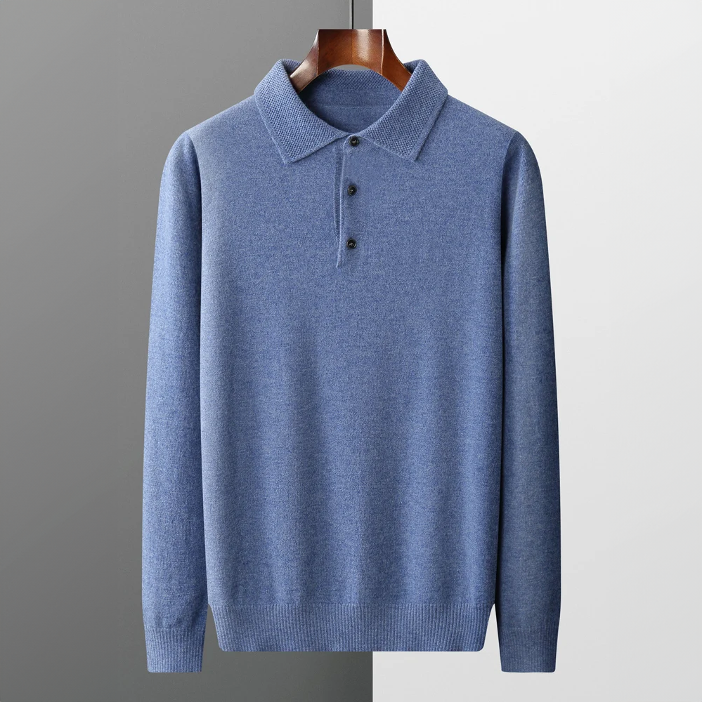 Long Sleeve Polo Jumper - Ribbed Collar Button Neck