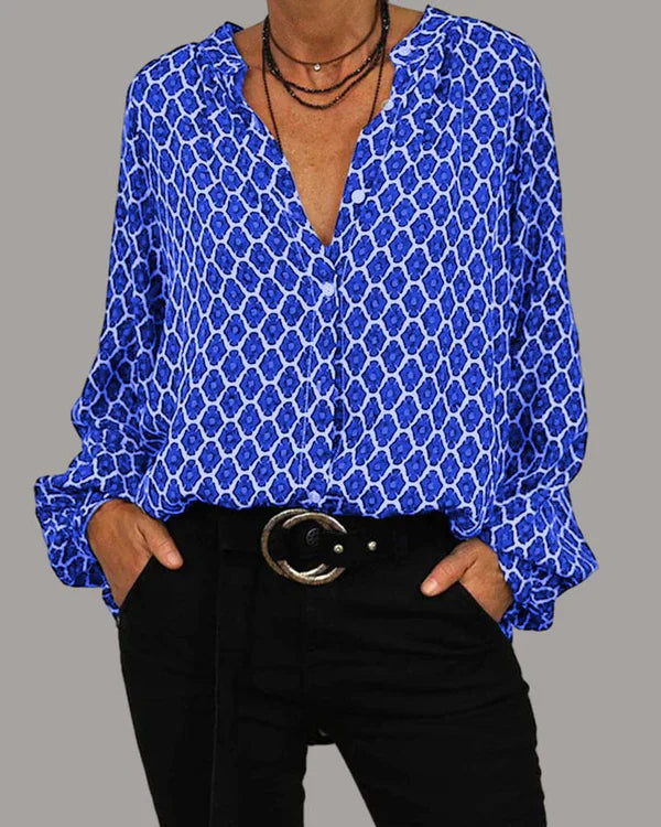 Long Sleeve Blouse - V Neck with Button Front